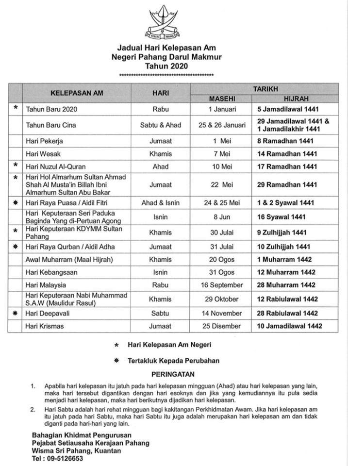 Jadual cuti umum pahang 2020 hari kelepasan am|bilakah tarikh cuti umum negeri pahang bagi tahun 2020? Hari Kelepasan Am Bagi Negeri Pahang Pada Tahun 2020 Untuk Perhatian Rakyat Di Negeri Pahang Portal Rasmi Majlis Daerah Lipis Mdl