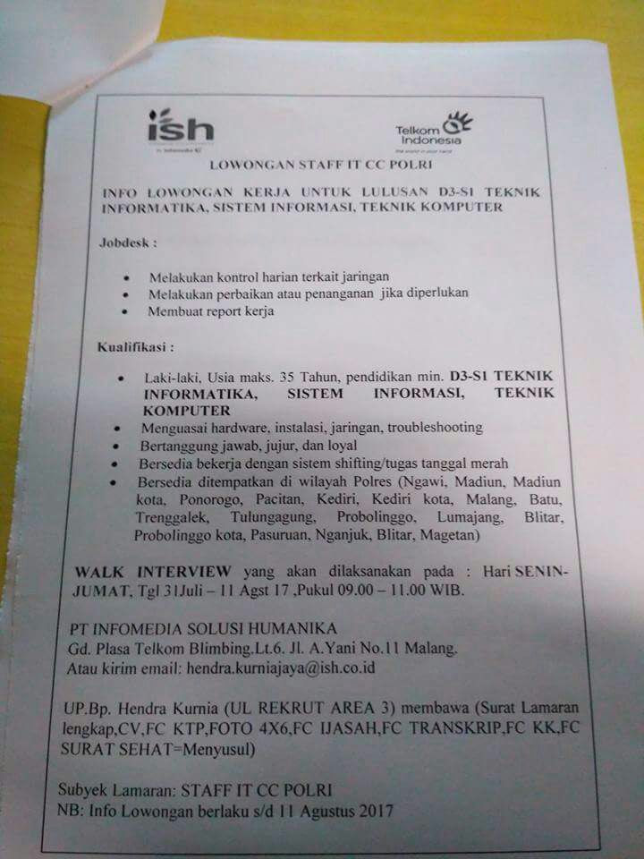 Semua bisa sobat pilih sesuai dengan kemampuan sobat yaitu ijazah, pengalaman kerja, serta. Lowongan Kerja Pt Infomedia Solusi Humanika Ika Um