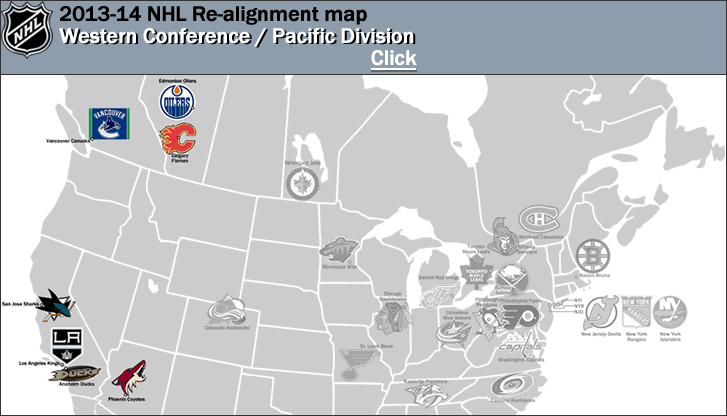 The postseason has also been tweaked, with the four top teams in each division advancing to the playoffs and the no. Nhl 2013 14 Realignment Location Maps With The 4 New Divisions Shown Western Conference Pacific Division Western Conference Central Division Eastern Conference Atlantic Division Eastern Conference Metropolitan Division Billsportsmaps Com
