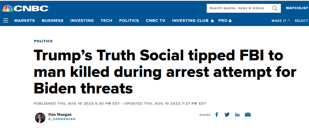 Screen shot of headline says Trump's social media tipped off the FBI.