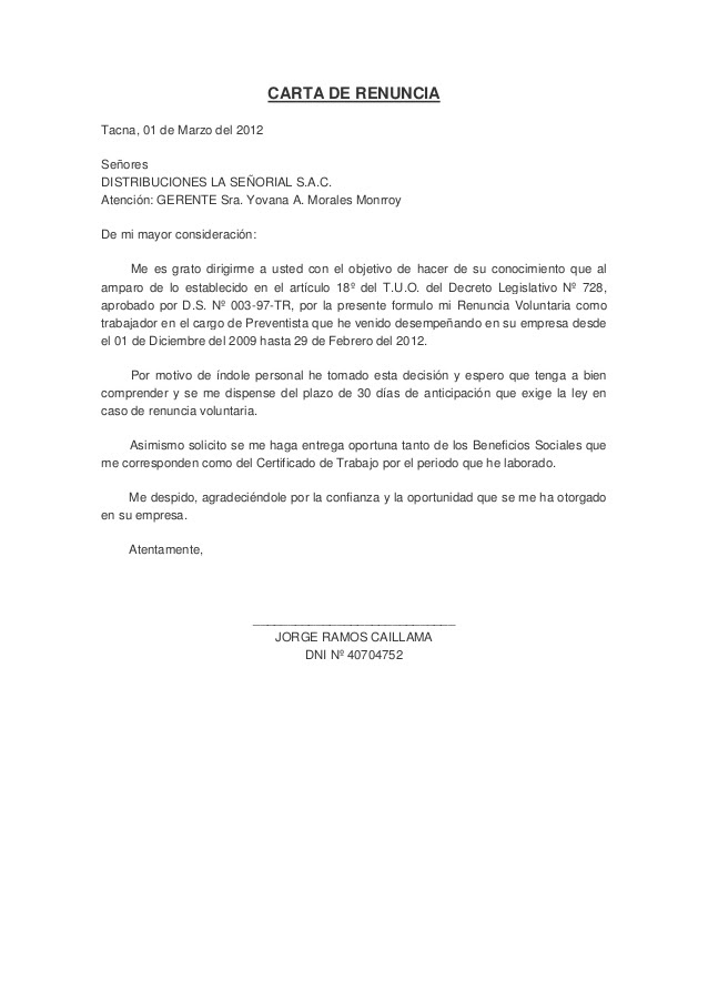 Carta De Renuncia Modelo Chile - r Carta De