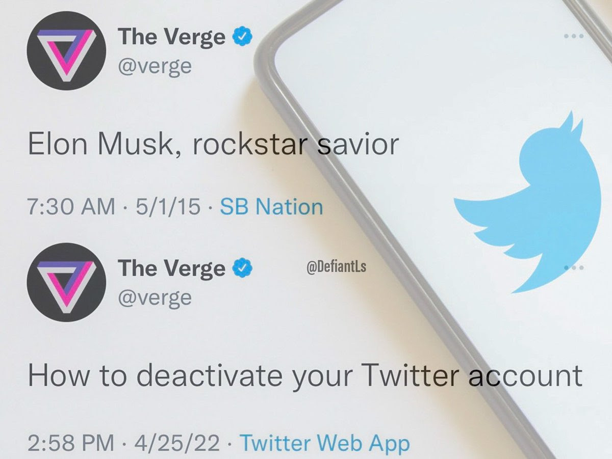 Two tweets from the Verge Magazine. One says Elon Musk is gret. The other says to deactivate Twitter now that musk took over., implying he sucks.