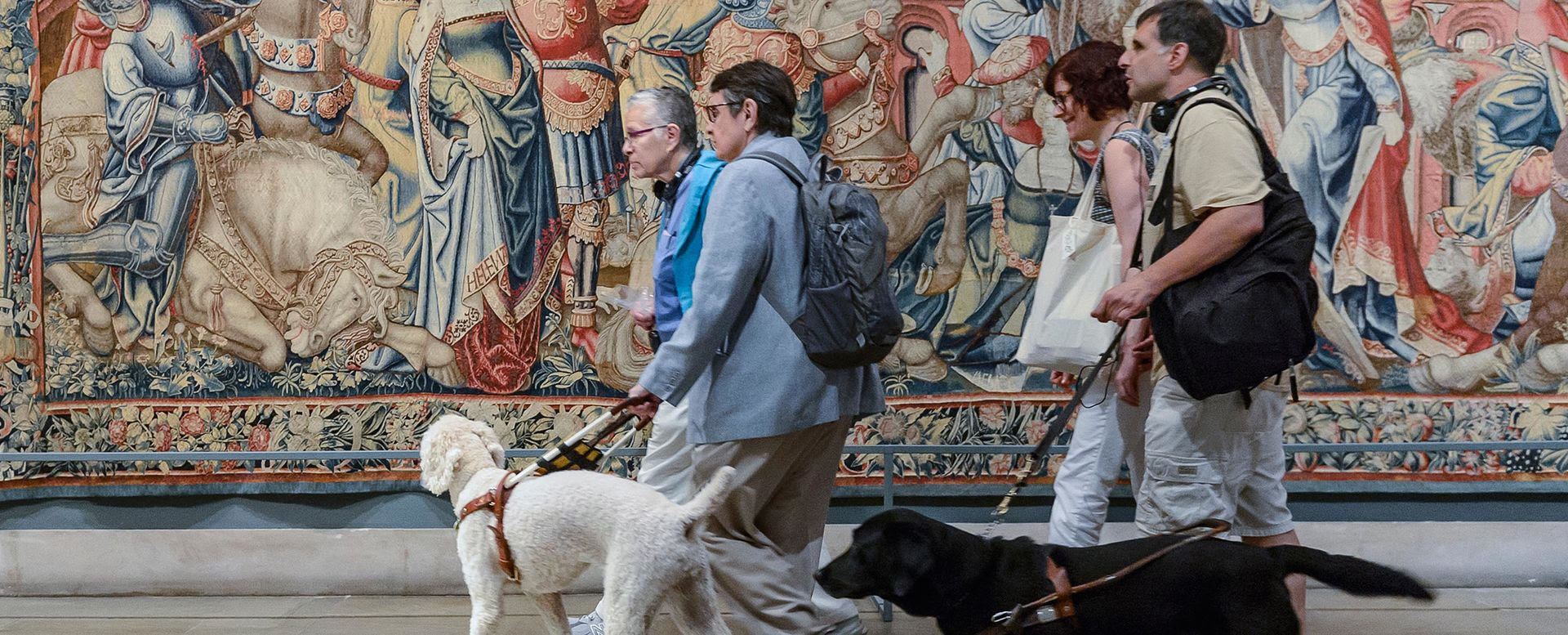 Um grupo de quatro adultos entra no The Met com dois cães-guia.