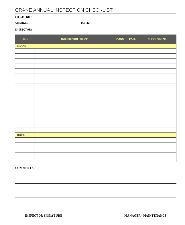 Is it clear of obstructions to access or visibility? Crane Inspection Checklist Annual Monthly Daily Checklist
