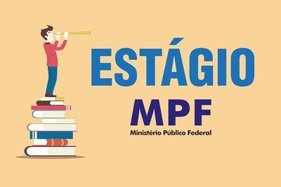 IlustraÃ§Ã£o de um jovem, localizado sobre alguns livros, olhando com uma luneta para o nome estÃ¡gio MPF.